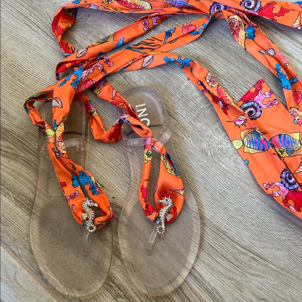 Colorful Orange Sandals with Crystal Sea Horse and Super Cute Patterned Straps